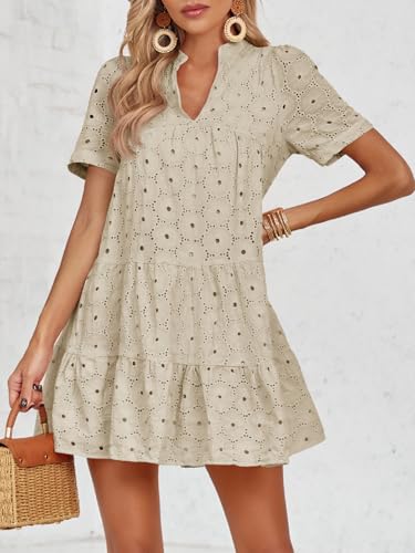 Image of Imily Bela Womens Summer Lace Dresses Eyelet Casual Flowy Babydoll Swing Short Sleeve V Neck Tunic Dress