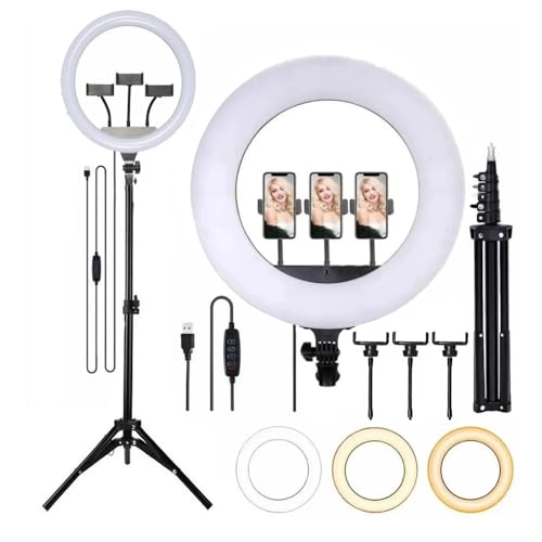 Ring Light LED 14 Polegadas com Tripé, 3 Suportes para Celular, 3 Cores de Iluminação, Controle USB