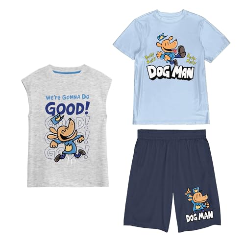 Dog Man Youth Boy Muscle Shirt, Short-Sleeve Tee, and Lounge Shorts 3-Piece Combo Set 10/12 (L)