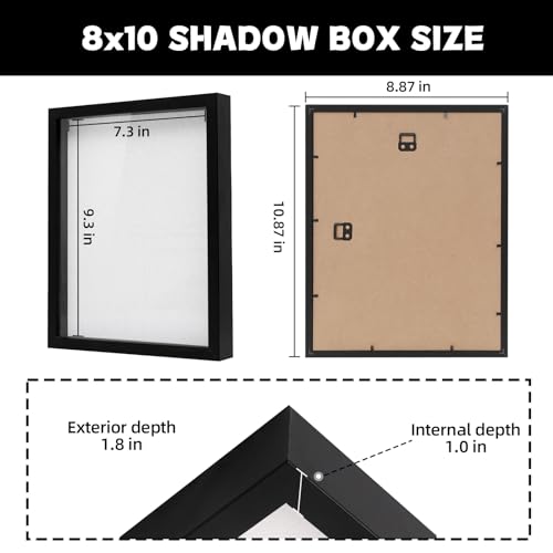 Muzilife Shadow Box Picture Frame with Linen Board Deep Wood Glass Display Case Ready to Hang Memory Box Baby Sports Memorabilia, Pins, Awards, Medals, Wedding, Tickets and Photos (Black, 2pcs 8X10)