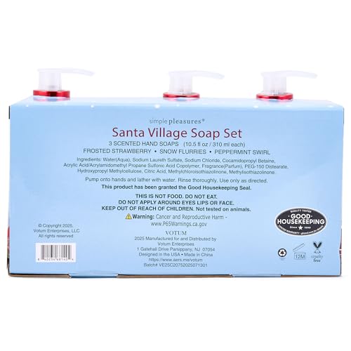 Image of Simple Pleasures Christmas Holiday Village 3 Pack - Frosted Strawberry, Snow Flurries, Peppermint Swirl Scented Decorative Refillable Soap Dispensers for Kitchen Countertops and Bathroom Sinks