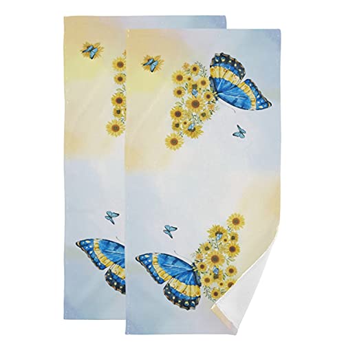 Sunflower Butterfly Hand Towel Blue Yellow Floral Flower Towel Set Of 2, Watercolor Animal Plant Larger Fingertip Towel For Bathroom Kitchen Thanksgiving Day Gift Girl #TOP7