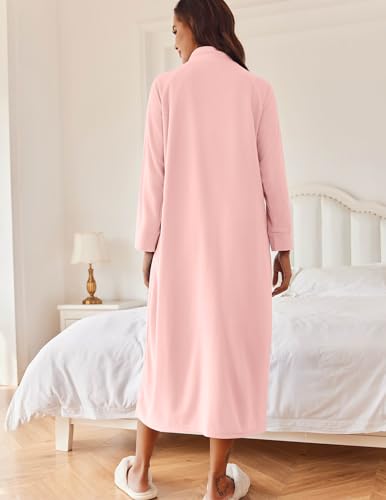Image of Ekouaer Women Zipper Robe Long Sleeves House Coat Soft Bathrobe Sleepwear with Pockets Housecoat Loungewear