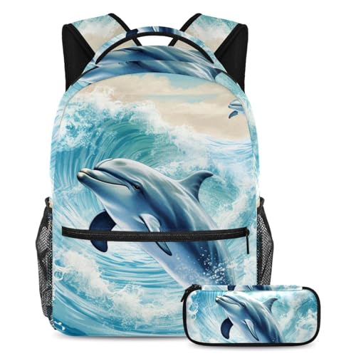 Sac à dos baleine océan avec trousse pour ranger facilement les grands cahiers d'école