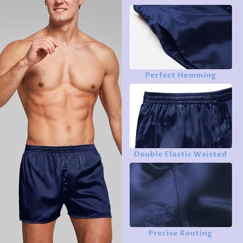 SIIK 100% Mulberry Silk Pajama Shorts for Men - Sleep Shorts, Pj Bottoms, Lounge Shorts, Boxer Shorts, Dark Blue4