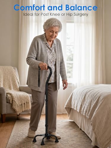 Image of WHLICKS Quad Cane for Stability, Adjustable Walking Cane for Women & Men with A Large 4 Pronged Base for Balance, Self Standing Cane, 350lbs Heavy Duty Cane with 4 Legs, Walking Sticks for Seniors