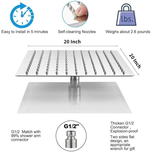 20-Zoll-Quadrat-Badezimmer-Topbrause, Moderner Stil, Edelstahl-Regenduschkopf, Niederschlag, Ultradünner Wasserfall, Vollständige Körperabdeckung, Hoher Durchfluss für Zuhause, Hotel