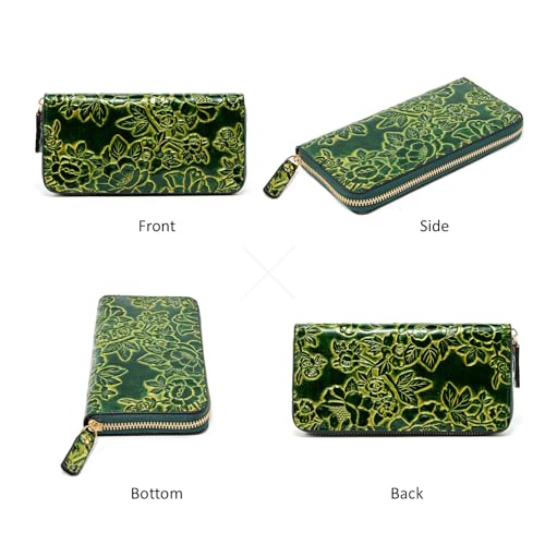 Embossed Wallets for Women Vintage Womens Wallets Floral PU Leather Zipper Card Holder Phone Checkbook Organizer(Green J6109)3