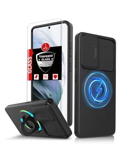 FRLMOOES for Samsung Galaxy S21 Plus Case Magnetic Compatible with MagSafe Wireless Charging,with Screen Protector,for S21+Plus Case with Stand Ring+Camera Cover Shockproof Heavy Duty Protection Black