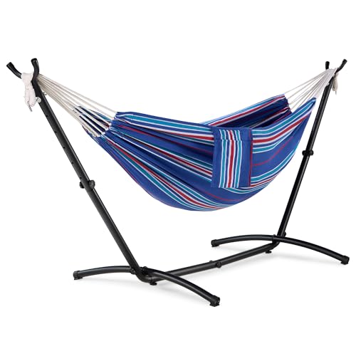VonHaus Hammock with Stand - Freestanding 2 Person Striped Hammock Seat with Steel Frame - Polycotton Material & Adjustable Frame for Garden - Travel Bag for Beach Camping & Outdoors - Blue Stripe