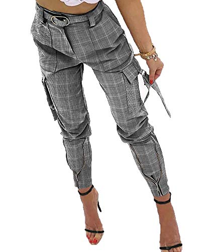 Femmes Sexy Taille Haute Pantalon Cargo Fermeture éClair Conception Pantalon Maigre 2021 Nouvelle Mode éLéGant Imprimé à Carreaux Pantalons Longs Femme Pantalon DéContracté Cover