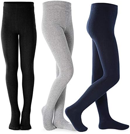 Petrass Girls Tights Toddler Cable Knit Cotton Footed Seamless Dance Ballet Baby Girls' Leggings 3 Pack Grey/Black/Navy 5-6Y
