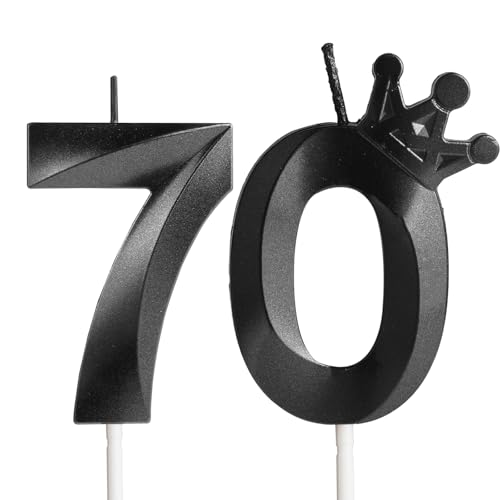 70th Birthday Candles for Cake, Number 70 Black Candles with Crown, 3D Design Birthday Cake Topper for Women Men Birthday Party Wedding Anniversary Celebration Decorations Supplies