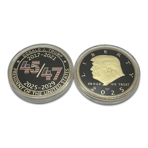 Image of President Donald Trump 45 47 2025 24kt Gold Challenge Coin, Trump Coin Collectors Souvenir, 45 & 47 with Red White & Blue Flag Plus 24kt Gold Plating, Large Size 45mm x 3mm Oval Office