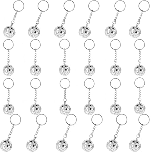 CAASFOOY 24 pezzi disco portachiavi, argento appeso palla specchio ciondolo partito portachiavi per feste 1970s set favours 70s disco portachiavi
