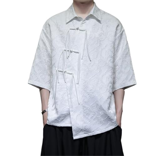 Summer Men Chinese Style Tang Shirts Men Streetwear Mandarin Collar Men Shirt Traditional Top Male Kung Fu Tai Chi Shirt(White_XL 65 to 70kg)