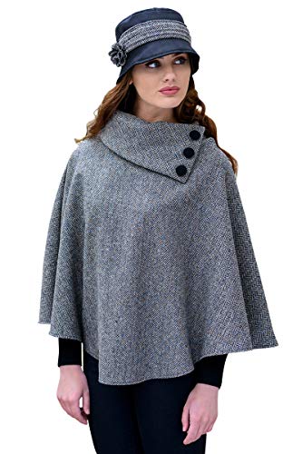 Mucros Weavers Ladies Plaid Poncho, Made in Ireland, 100% Irish Wool (Grey Herringbone)