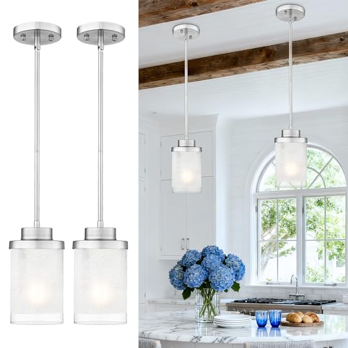 TENGXIN 2 Pack Brushed Nickel Pendant Lights Kitchen Island, Frosted Glass