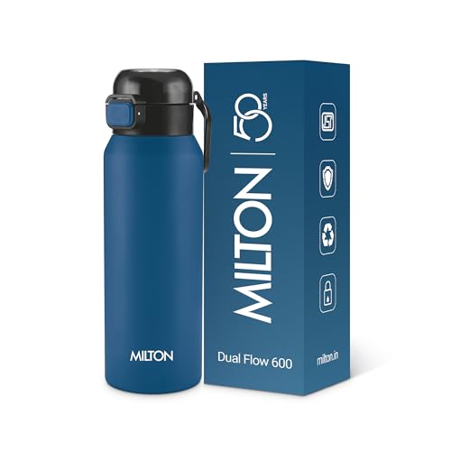 Image of Milton Dual Flow 600 Thermosteel Water Bottle 595 ml with One Touch Safety Lock & Twin Lid Sip or Gulp,Long Hours Hot & Cold,Leak Proof,ISI Certified,Vacuum Insulated,for Office,Gym,School,Dark Blue