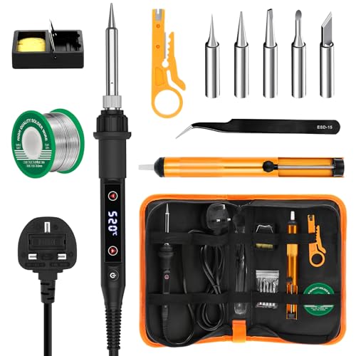 Soldering Iron Kit 80W LED Adjustable Temperature 180-520 Welding Tools Solder Wire 5 Soldering Tips Desoldering Pump Wire Stripper Cutter Stand Tweezers Tool Case