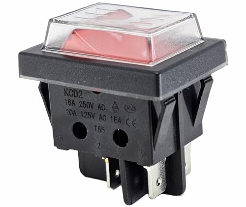 Wippenschalter mit Wasserdichte Abdeckung 2 polig (4pin) 16A 250VAC 30x22mm Rote Wippe beleuchtet