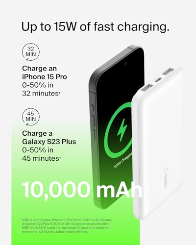 Image of Belkin Portable Charger, USB-C Power Bank 10000 mAh w / 1xUSB-C Port & 2xUSB-A Ports, 15W w /Type-C to Type-A Cable for iPhone 17, Samsung Galaxy S25, Nintendo Switch 2, Google Pixel 10, etc. - White