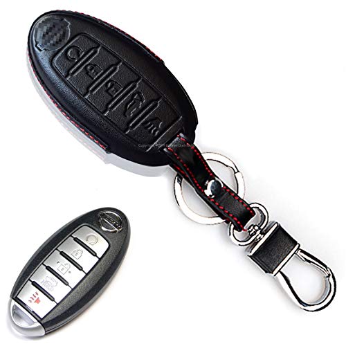 Dobrev ® Black 5 Buttons Genuine Leather Case Protector Key Fob Smart Car Remote Key for Nissan Altima Maxima Sedan Pathfinder (Black)
