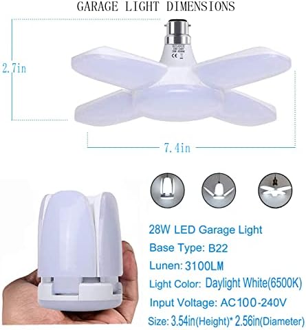 HZSANUE B22 Bayonet LED Garage Light 28W, Daylight White 6500K 3100Lm Deformable Workshop Lamp with 4 Adjustable Panels, LED Ceiling Lighting, for Garages, Basement, Warehouse, Attic, Gym(Pack of 2)