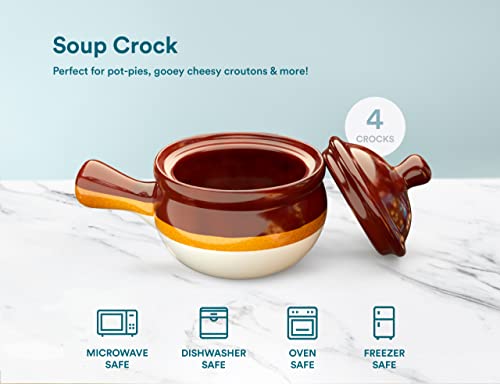 French Onion Soup Crocks With Lids, By Kook, Ceramic Bowls, Large Handles, Dishwasher, Microwave, Oven & Broil Safe, Brown/White, Set Of 4, 15 Oz, Puebla Collection #TOP5