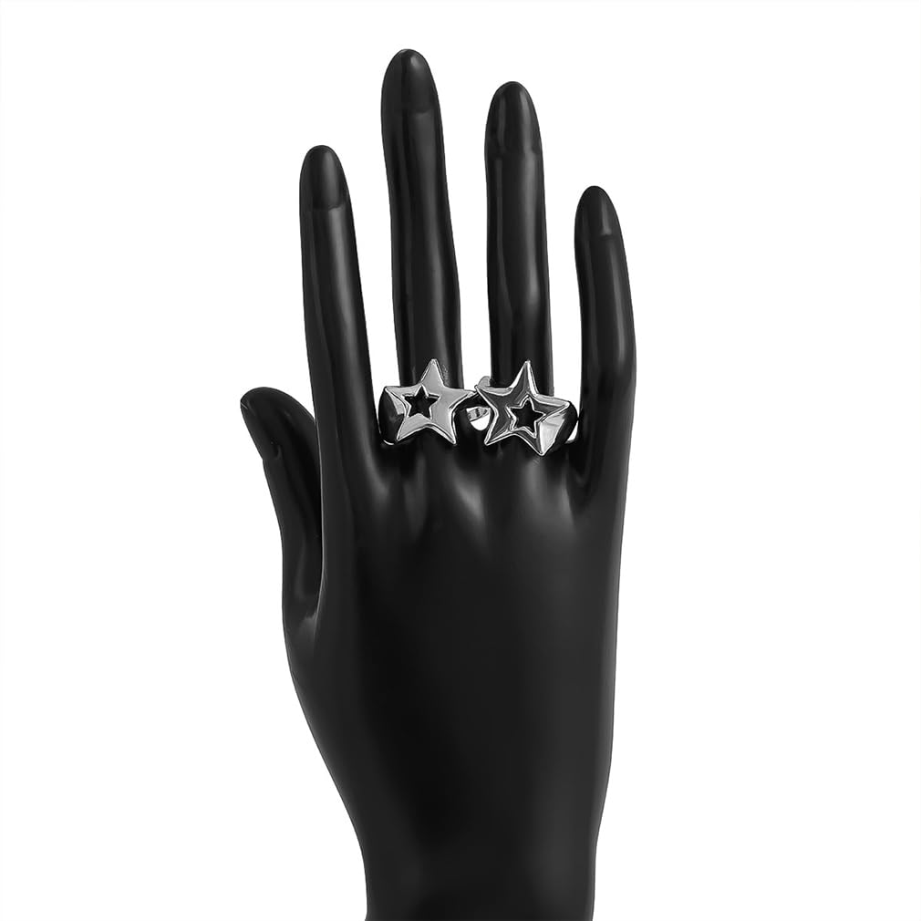 Juego de 2 anillos abiertos gruesos de oro Y2k para mujer, apilables, estrellas huecas, vintage, anillos para nudillos, anillos grandes de hip hop, joyería de regalo, Zinc, Sin piedras preciosas 7