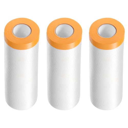 Image of HARFINGTON 3 Rolls Pre-Taped Masking Film 43.3 inch x65.6ft Tape and Drape Painters Plastic Drop Cloth Film with Tape Plastic Sheeting for Automotive Painting Covering