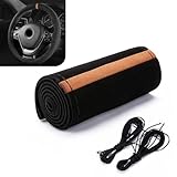 gunhunt 1 PC Car Steering Wheel Cover, 14.9' Suede Nubuck Leather Non-Slip Breathable Hand-Stitched Steering Wheel Protector, Comfortable Grip for All Seasons, Universal for Most Car (Brown & Black)