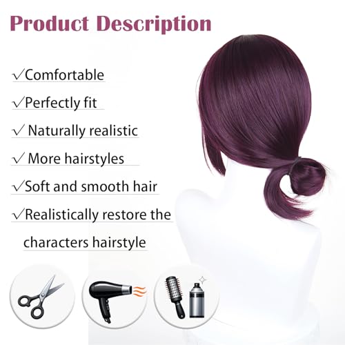 Image of LABEAUTE Reze Wig Short Deep Purple Anime Wig for Girls Women Synthetic Cosplay Wig with Ponytail for Halloween Party Wig + Cap