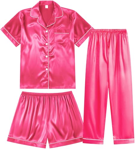 Image of 3 Piece Silk Satin Pajama Set for Women Soft Short Sleeve Button Down Pjs with Shorts Long Pants Sleepwear S-XXXL