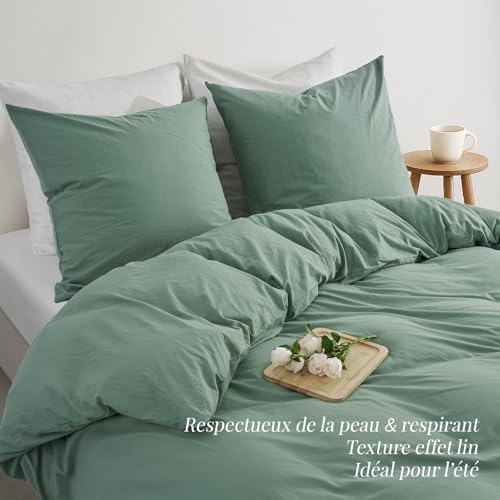 Duvetnova Bettwäsche 200x200 Baumwolle Salbeigrün Superweiche 100% Vorgewaschene Baumwolle ÖKO-TEX Bettwäsche 200x200 3 teilig 1 Bettbezug… – Ansicht 5