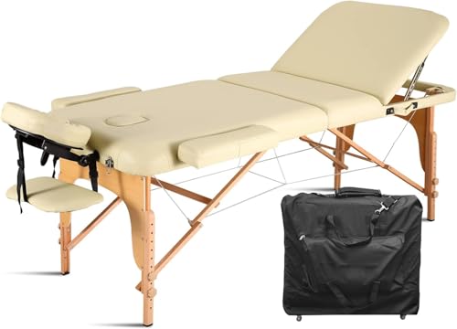 28 Portable Massage Table With Backrest Free Wheeled Carry Case Folding SPA Bed Lightweight Spa Tattoo Couch Bed 3/2 Zones with Height-Adjustable Beige Color