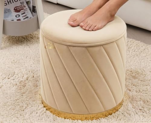 Image of Luxury Velvet Ottoman Stool for Living Room & Bedroom | Premium Round Pouffe with Gold Metal Base | Modern Footrest, Extra Seating & Home Decor (Cream Set of 2)