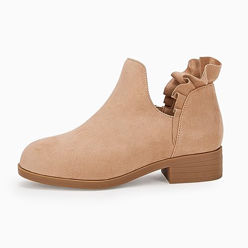 FISACE Girls Ruffled Ankle Boots V Cut Out Chunky Low Heel Dressy Western Booties4