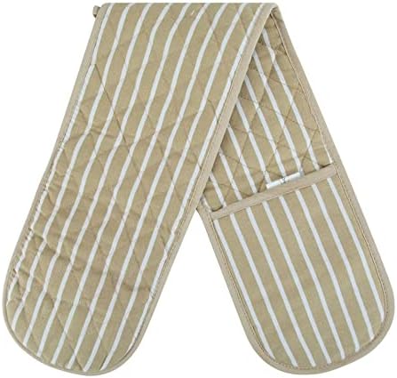 RASH Accessories Double Oven Gloves Butcher Quilted Stripe Pot Holder Heat Resistant Mitt 100% Cotton (Beige)