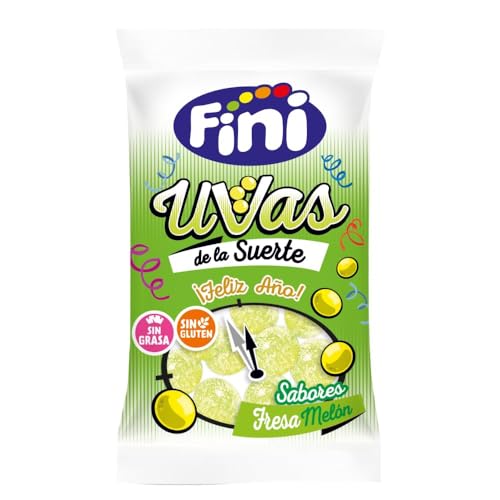 Fini Uvas de la Suerte 22 Bolsitas de 30g – Gominolas sin Gluten con Sabores Fresa y Melón para una Nochevieja Dulce y Divertida