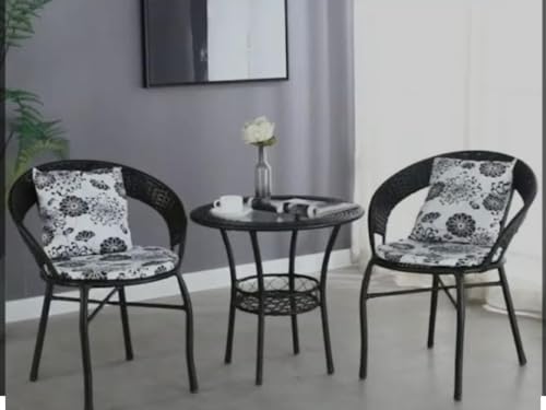 Image of 2+1 Outdoor Indoor Furniture Sets Rattan Wicker Chair Patio Set Bistro Set Conversation Set Balcony Outdoor Garden Furniture Chair (Black with Multicolor Cushion & Pillow)