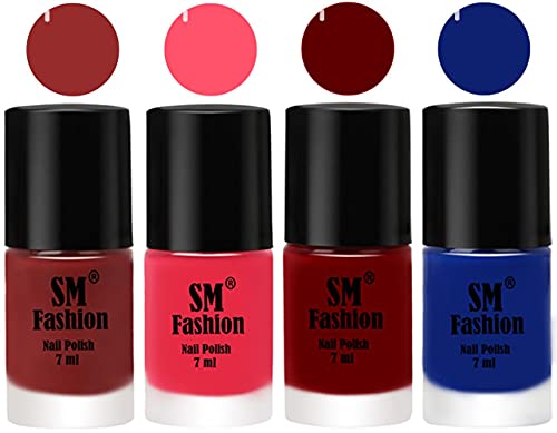 Image of Nail Polish Combo Set (Pack of 4) Quick Dry Gel Finish Nail Paint | Jam,Dark Pink,Dark Red,Blue | 7 ml Each