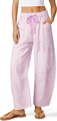 Image of TARSE Womens Striped Linen Barrel Pants with Pockets Y2k Patchwork
