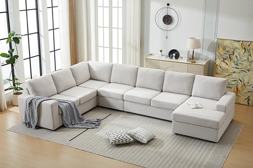 Ball & Cast 147" L-Shaped Sectional Couch for Living Room with Reversible Chaise & Removable Back Cushions,7 Seat Linen Upholstered Convertible Sectional Sofa Set,DIY Combination,for Home,Office,Beige