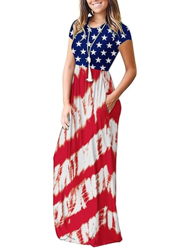 Image of AUSELILY Women's Classic Short Sleeve Loose Plain Casual Long Maxi Dresses | Year Round wear solid floral print, Casual wear, Empire waist, Floor-length, Side pockets, Short Sleeve
