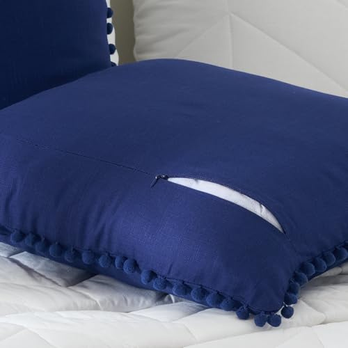 Image of 100% Cotton Pom Pom Cushion Without Filler, Elegant & Modern Cushion Cover for Living Room, Square Shape, 16 inchx16 inch, uni slub, Set of 2 - Navy