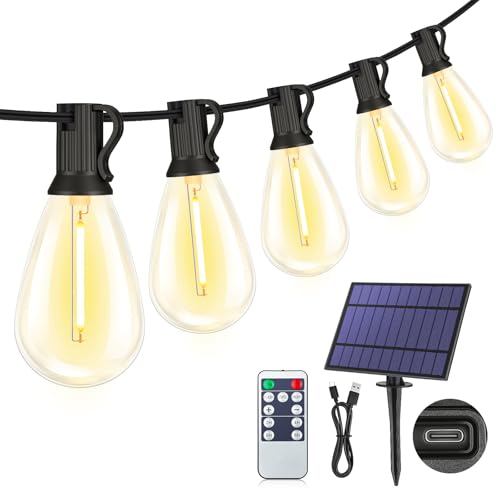 YLXS 25FT Solar String Lights with Remote 3 Lighting Mode Outdoor Waterproof Dimmable Patio Lights String with 10+1 Shatterproof S11 LED Bulbs for Backyard-Black