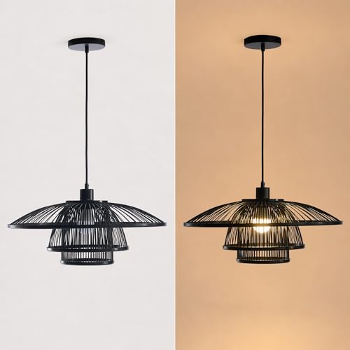 Image of Pendant Light, Bamboo Boho Hanging Light with Adjustable Height
