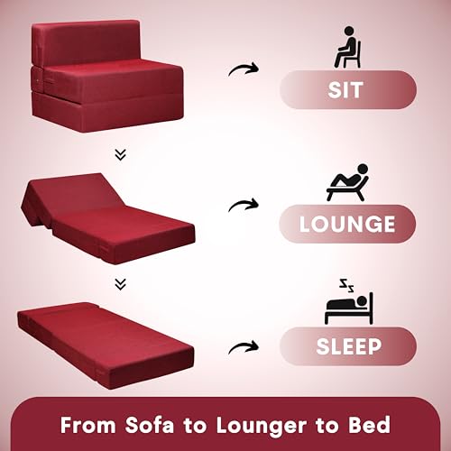 Image of Amazon Brand - Solimo 1 Seater 3 * 6 Jute Fabric Washable Cover Sofa Cum Bed 1 Seater Double Foam Fold Out Sofa Cum Bed (Finish Color - Maroon Delivery Condition - Pre-Assembled)