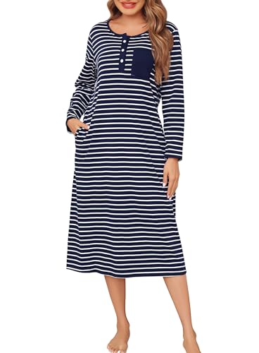 Lovasy Camisones de Mujer Invierno Algodon Rayas Camisón Manga Larga Camisón de Señora Mayor Largo con Bolsillos,Azul Marino,XXL